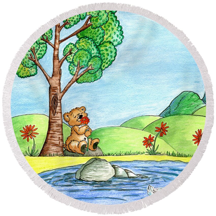 Bear Round Beach Towel featuring the painting Bear With Flowers by Christina Wedberg