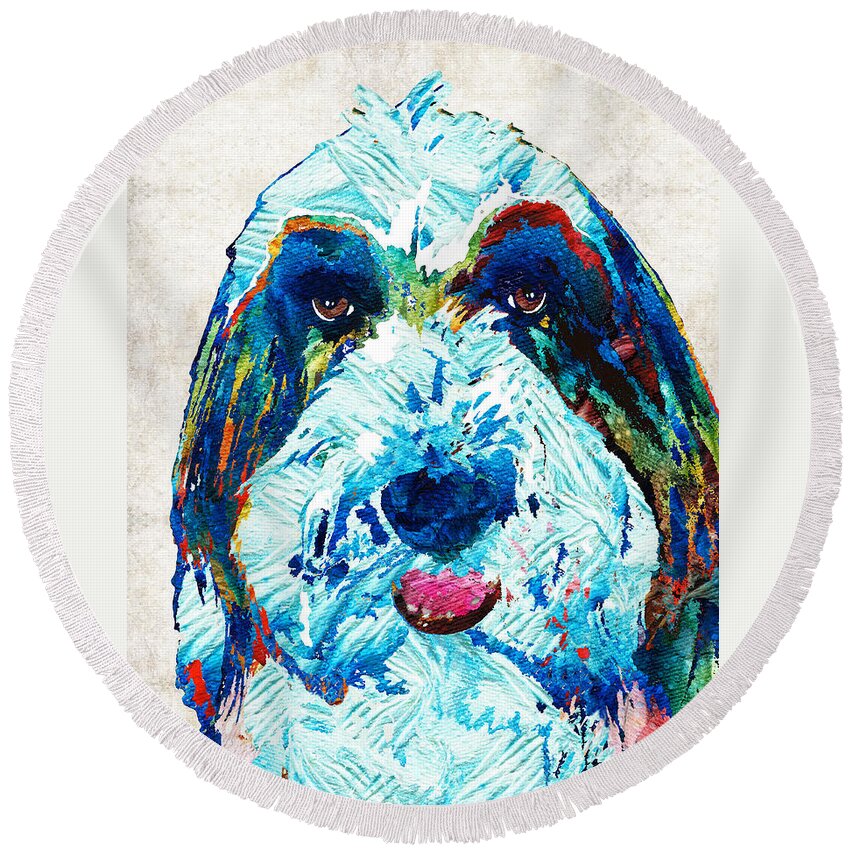 Dog Round Beach Towel featuring the painting Bearded Collie Art - Dog Portrait by Sharon Cummings by Sharon Cummings