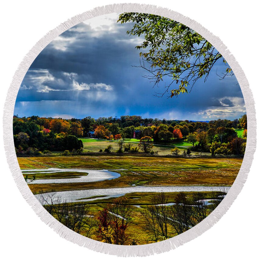Landscape Round Beach Towel featuring the photograph Beautiful Autumn evening by Lilia D