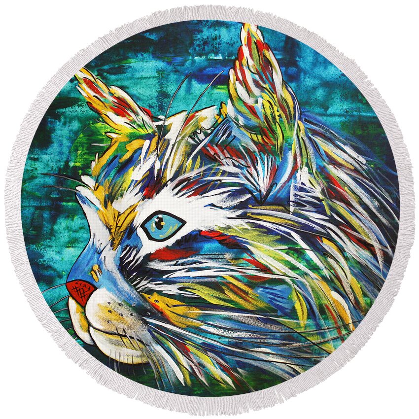 Cat Love Round Beach Towel featuring the painting Beautiful Cat by Kathleen Artist PRO