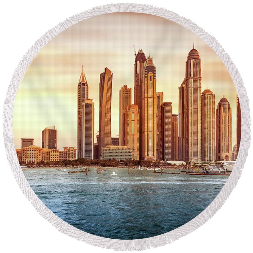 Arab Round Beach Towel featuring the photograph Beautiful Dubai cityscape by Anna Om