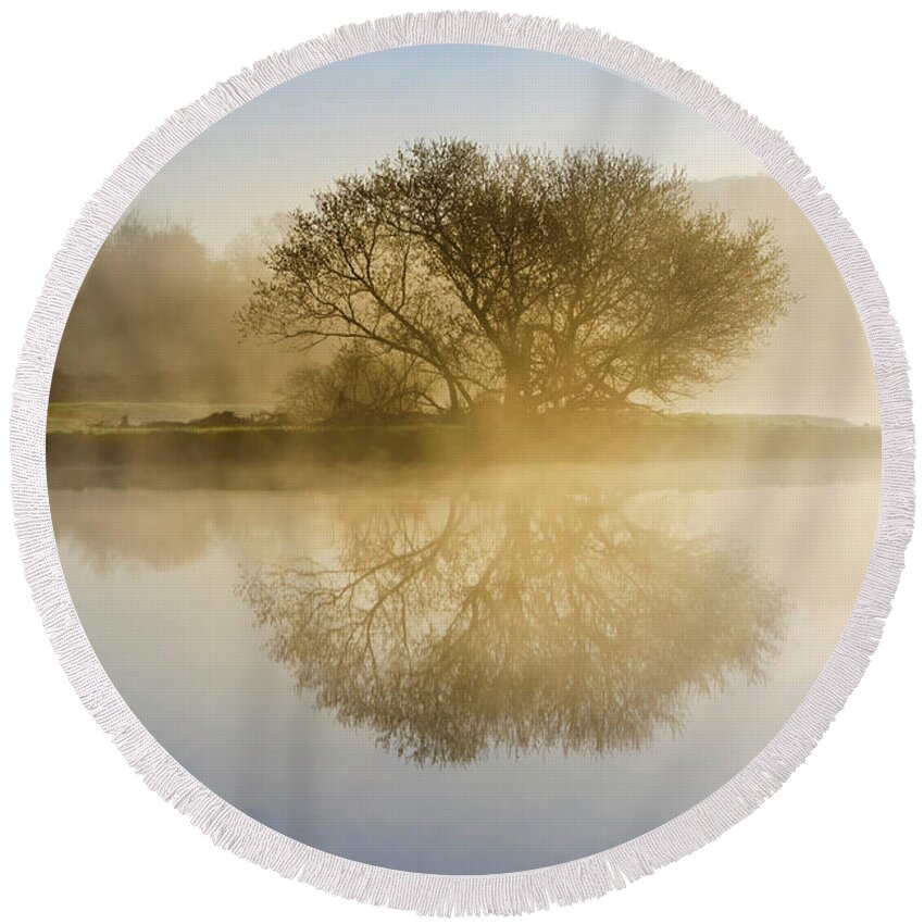 Sunrise Round Beach Towel featuring the photograph Beautiful Misty River Sunrise by Christina Rollo