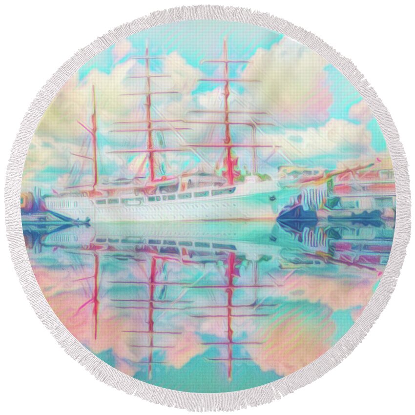 Boats Round Beach Towel featuring the photograph Beautiful Nautical Morning Reflections by Debra and Dave Vanderlaan