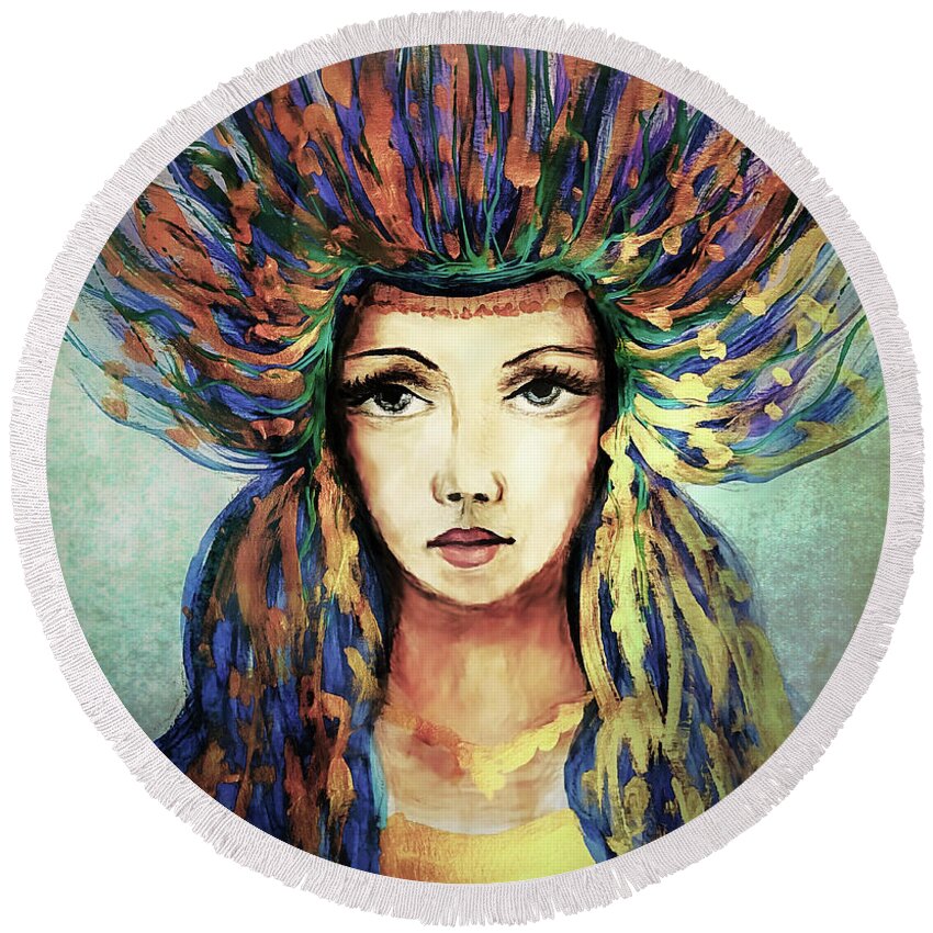 Beautiful Nymph Round Beach Towel featuring the painting Beautiful Nymph 1 by Lilia S
