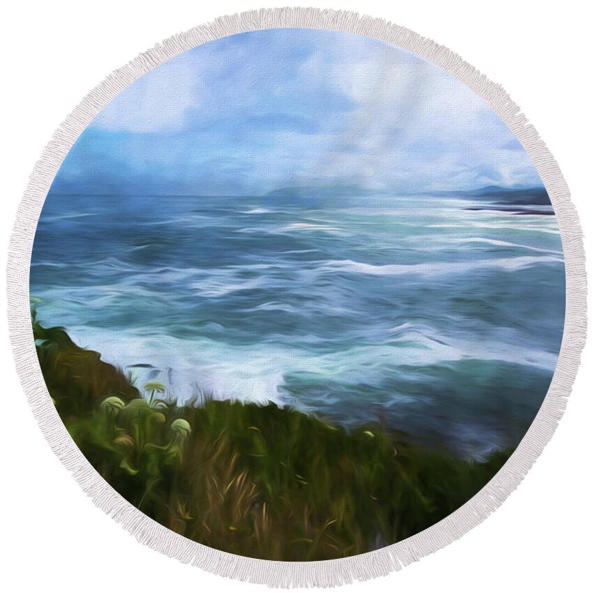 Painterly Round Beach Towel featuring the painting Beautiful Pacific by Bonnie Bruno