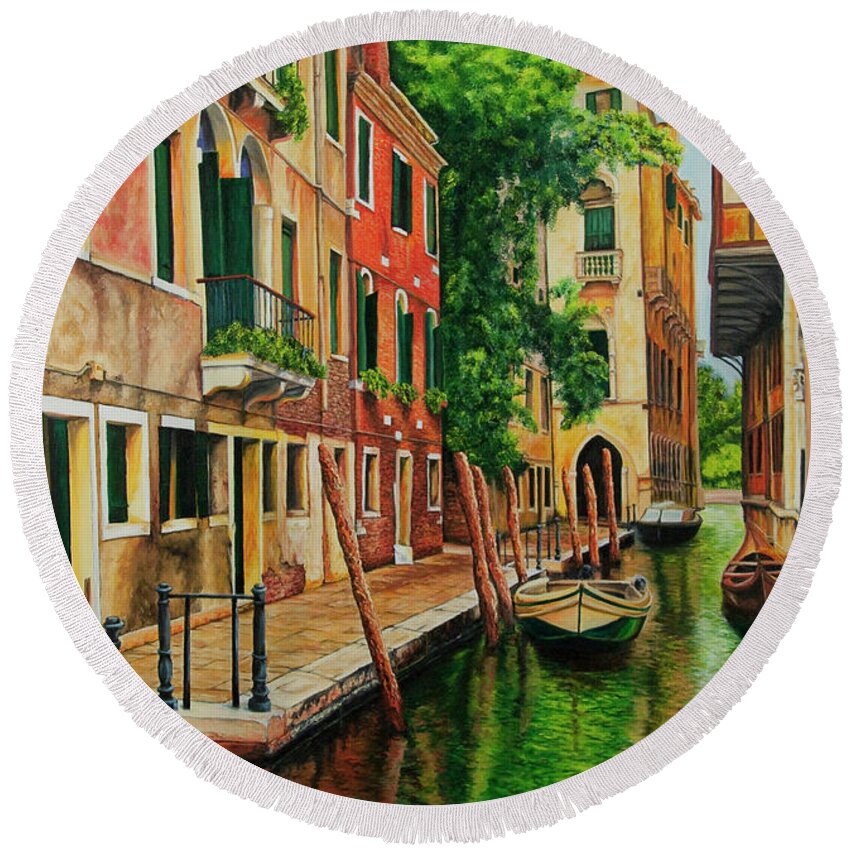 Venice Canal Round Beach Towel featuring the painting Beautiful Side Canal In Venice by Charlotte Blanchard