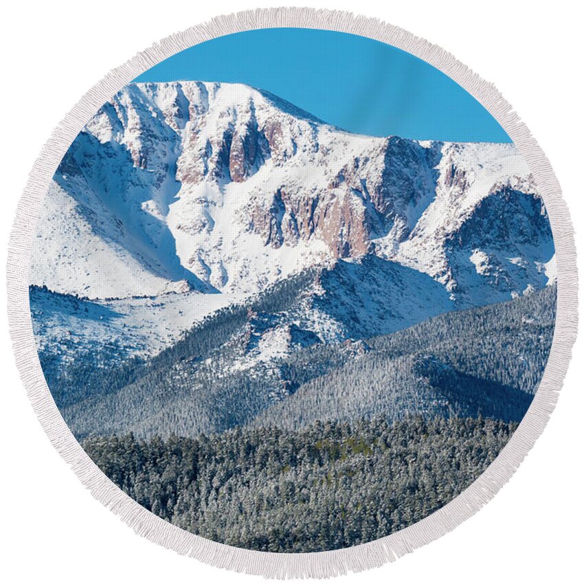 Pikes Peak Round Beach Towel featuring the photograph Beautiful Spring Snow on Pikes Peak Colorado by Steven Krull