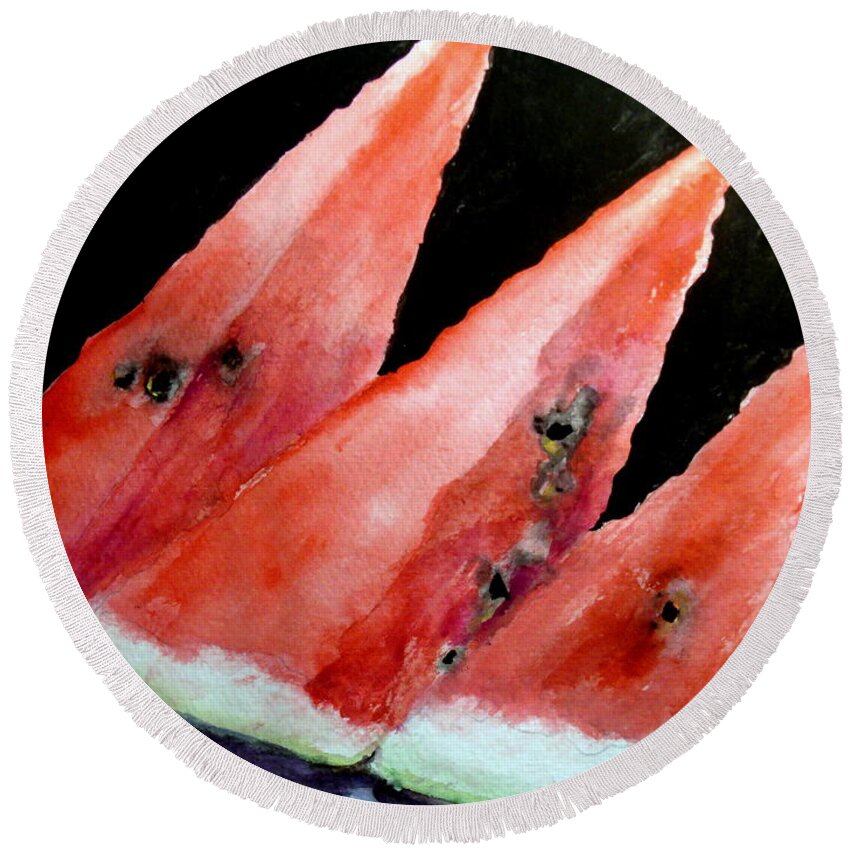 Watermelon Round Beach Towel featuring the painting Beautiful Summer Watermelon by Carol Grimes