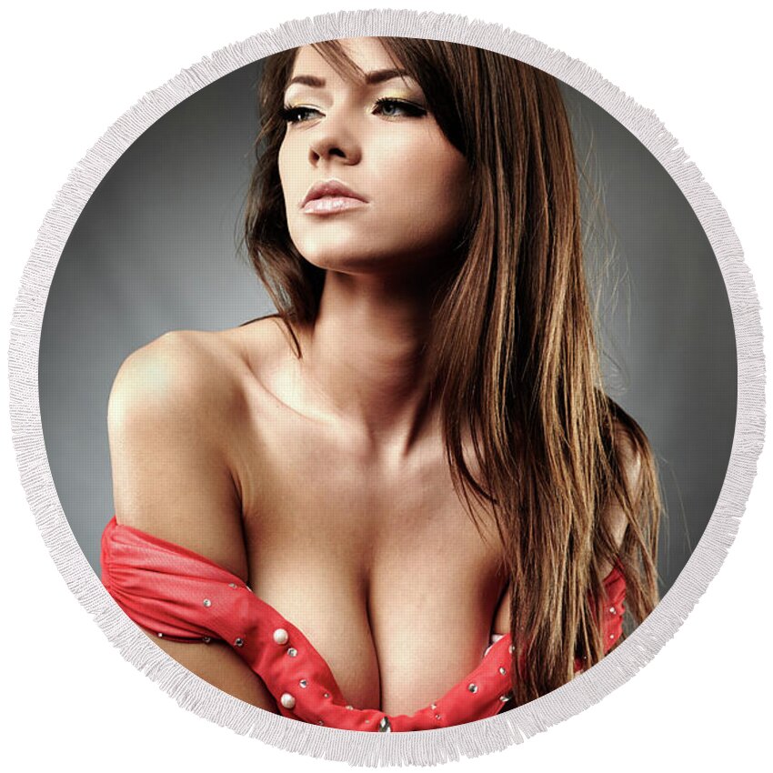 Beautiful woman with deep cleavage on gray background Round Beach Towel by  Ragnar Lothbrok - Fine Art America
