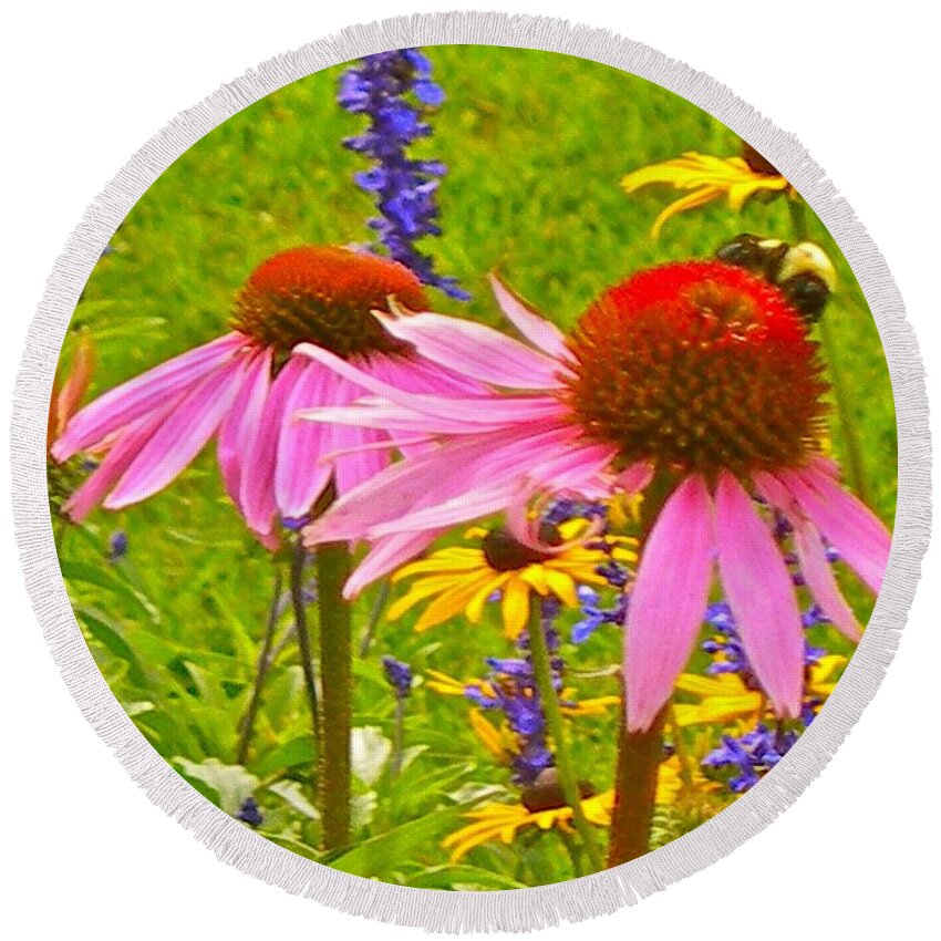 Echinacea Round Beach Towel featuring the photograph Beauty and the Bees by Randy Rosenberger