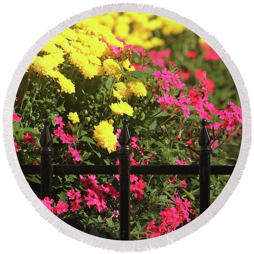 Floral Round Beach Towel featuring the photograph Beauty Beyond the Gate by Trina Ansel