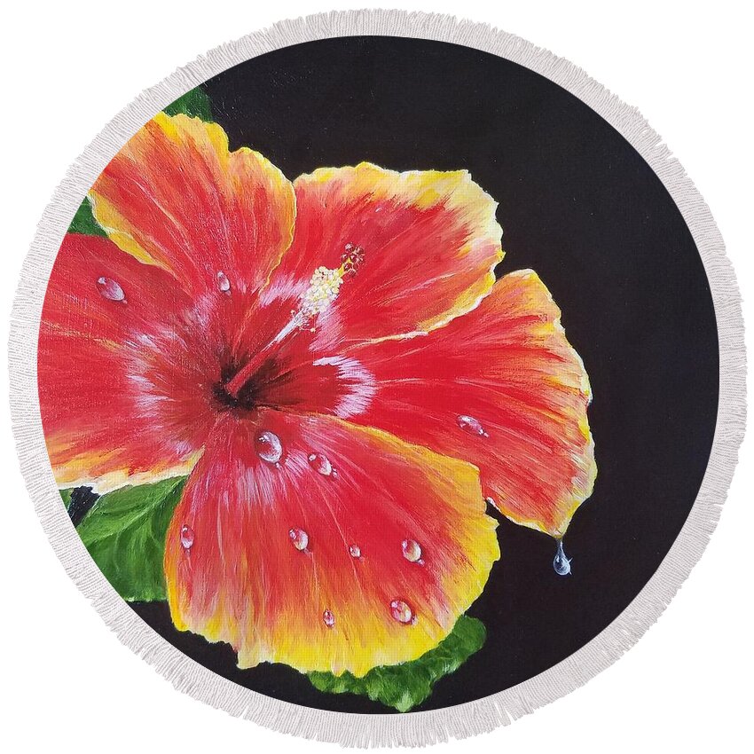 Hibiscus Flower Round Beach Towel featuring the painting Beauty by Christie Minalga