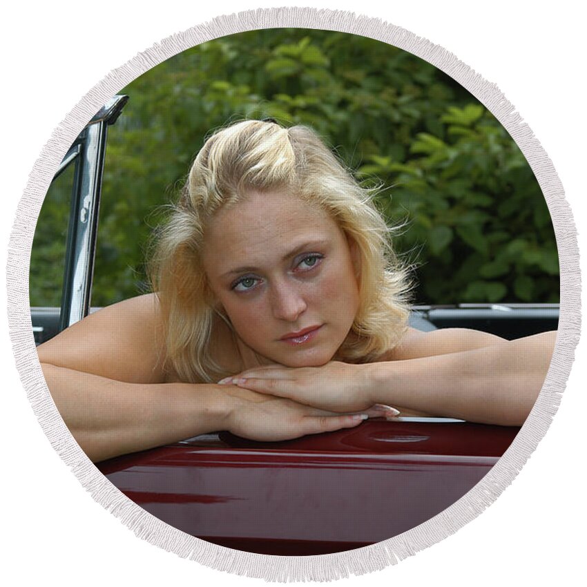 Model Round Beach Towel featuring the photograph Beauty in a Convertible by Mike Martin