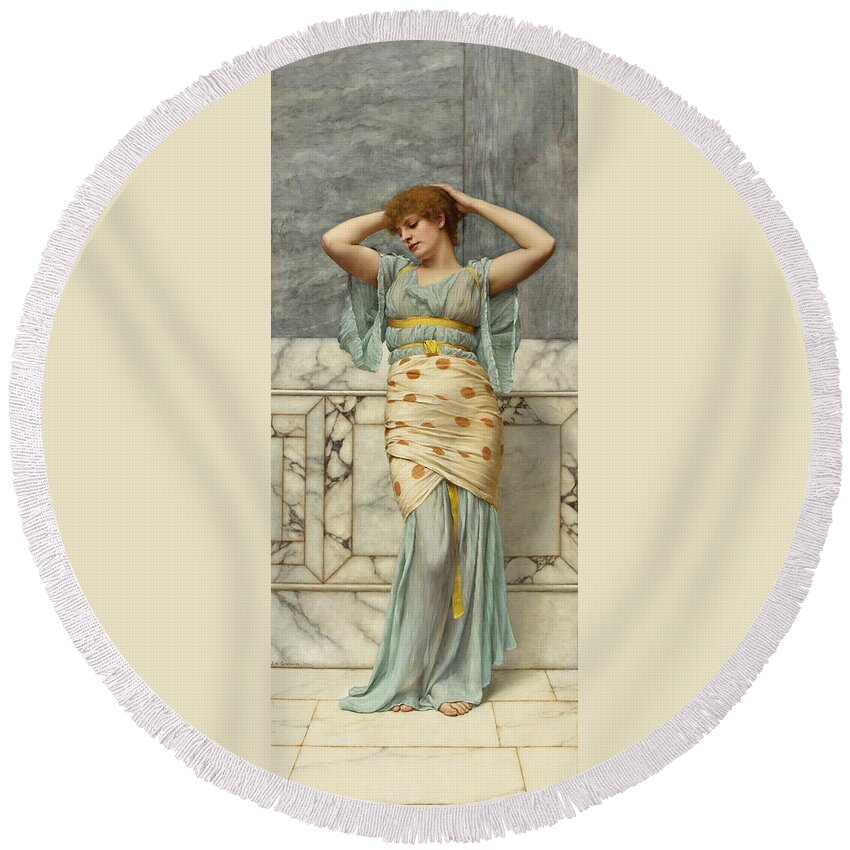 John William Godward Round Beach Towel featuring the painting Beauty in a Marble Room by John William Godward