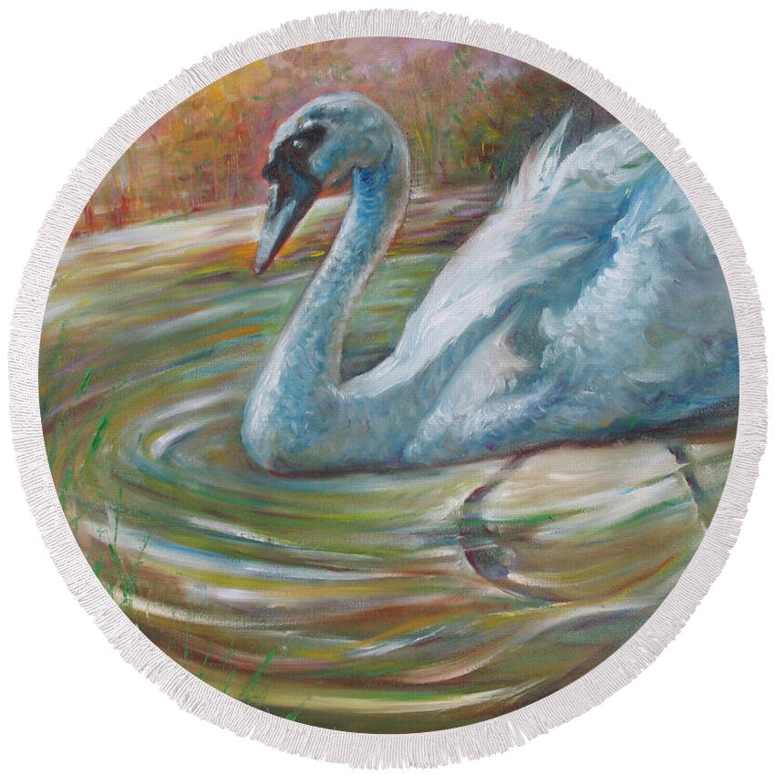 Swan Round Beach Towel featuring the painting Beauty in The Battle by Sukalya Chearanantana