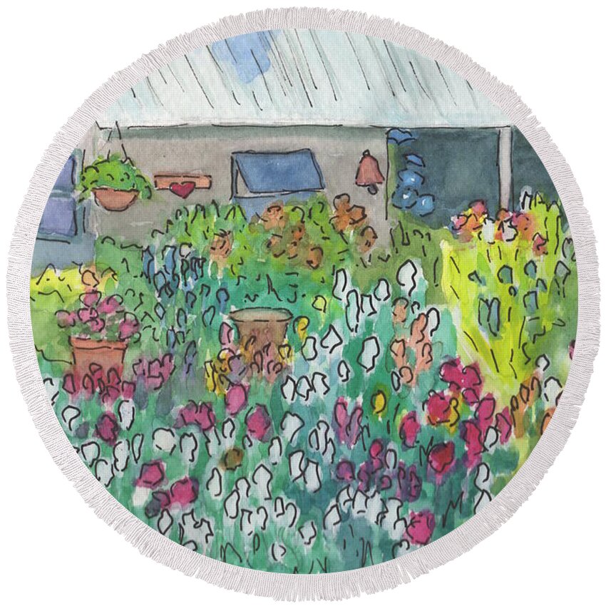 Watercolor Round Beach Towel featuring the painting Beauty in the Garden by Marcy Brennan