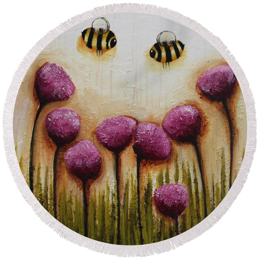 Whimsical Round Beach Towel featuring the painting Bee Happy by Lucia Stewart
