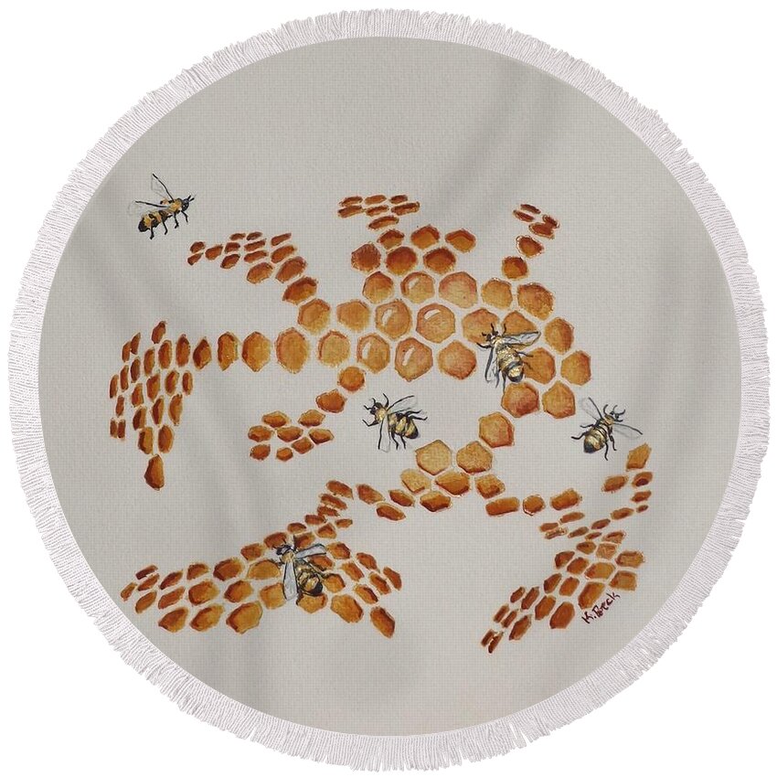 Bee Round Beach Towel featuring the painting Bee Hive # 4 by Katherine Young-Beck
