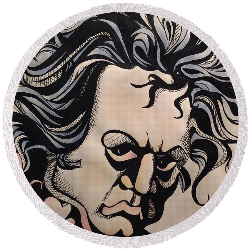 Beethoven Round Beach Towel featuring the drawing Beethoven by Jan Steinle