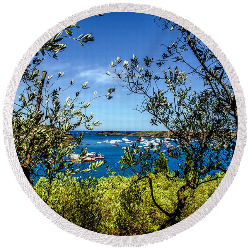 Olive Tree Round Beach Towel featuring the photograph Behind the olive trees by Wolfgang Stocker