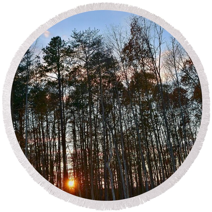 Amazing Sunset Round Beach Towel featuring the photograph Behind The Trees by JL Images