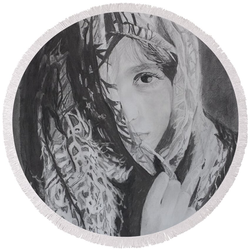 Graphite Round Beach Towel featuring the drawing Behind the Veil by Quwatha Valentine