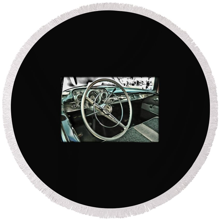 Victor Montgomery Round Beach Towel featuring the photograph Behind The Wheel by Vic Montgomery