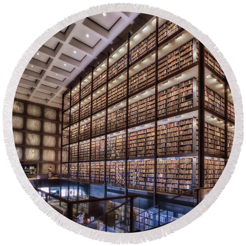 Yale University Library Round Beach Towel featuring the photograph Beinecke Rare Book and Manuscript Library by Susan Candelario