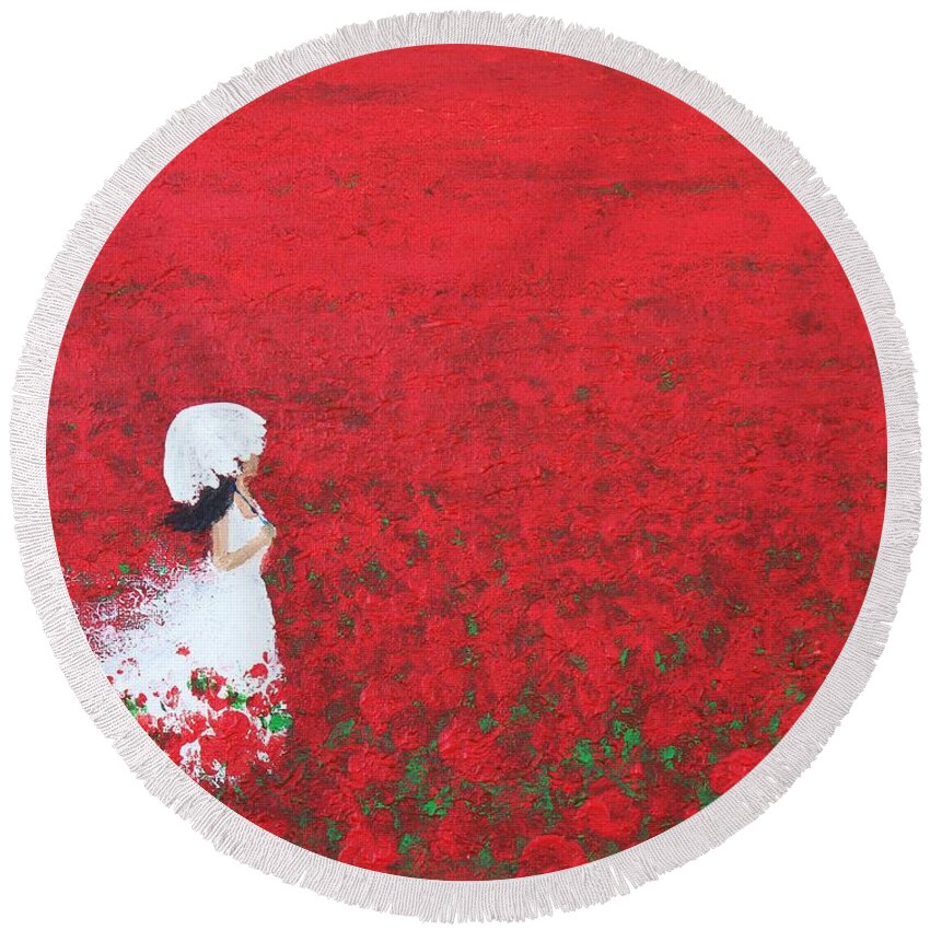 Being A Woman Round Beach Towel featuring the painting Being a Woman - #2 In a field of poppies by Kume Bryant