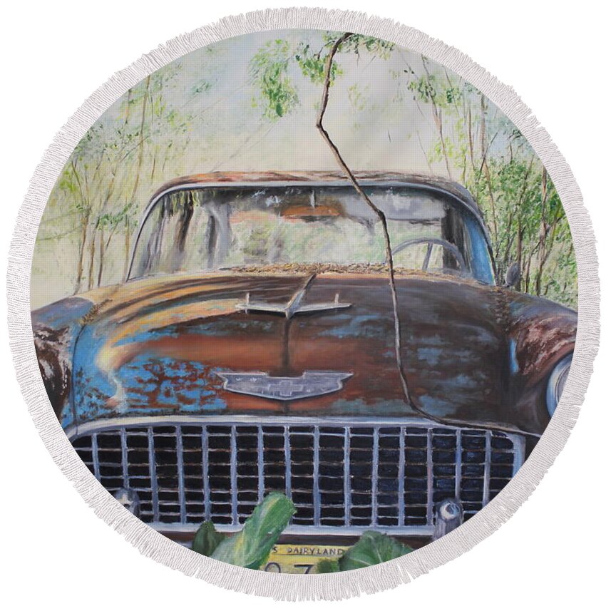 Chevrolet Round Beach Towel featuring the painting Bel Air by Daniel W Green