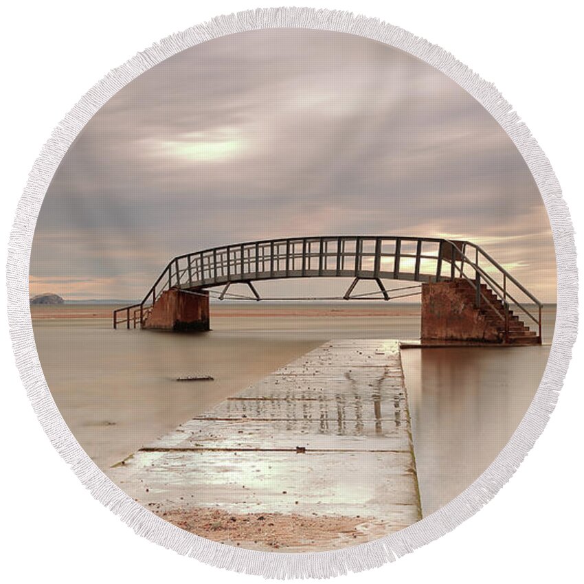 Bridge Round Beach Towel featuring the photograph Belhaven Stairs and The Bass at Low Tide by Maria Gaellman