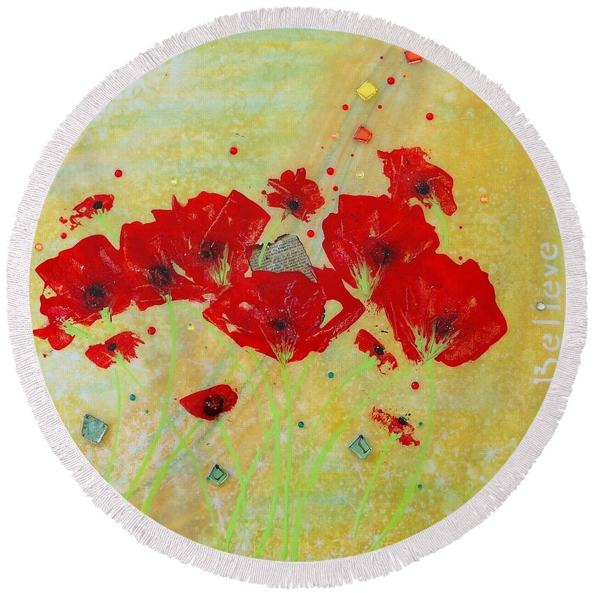 Floral Abstract Art Painting Round Beach Towel featuring the painting Believe by MiMi Stirn by MiMi Stirn
