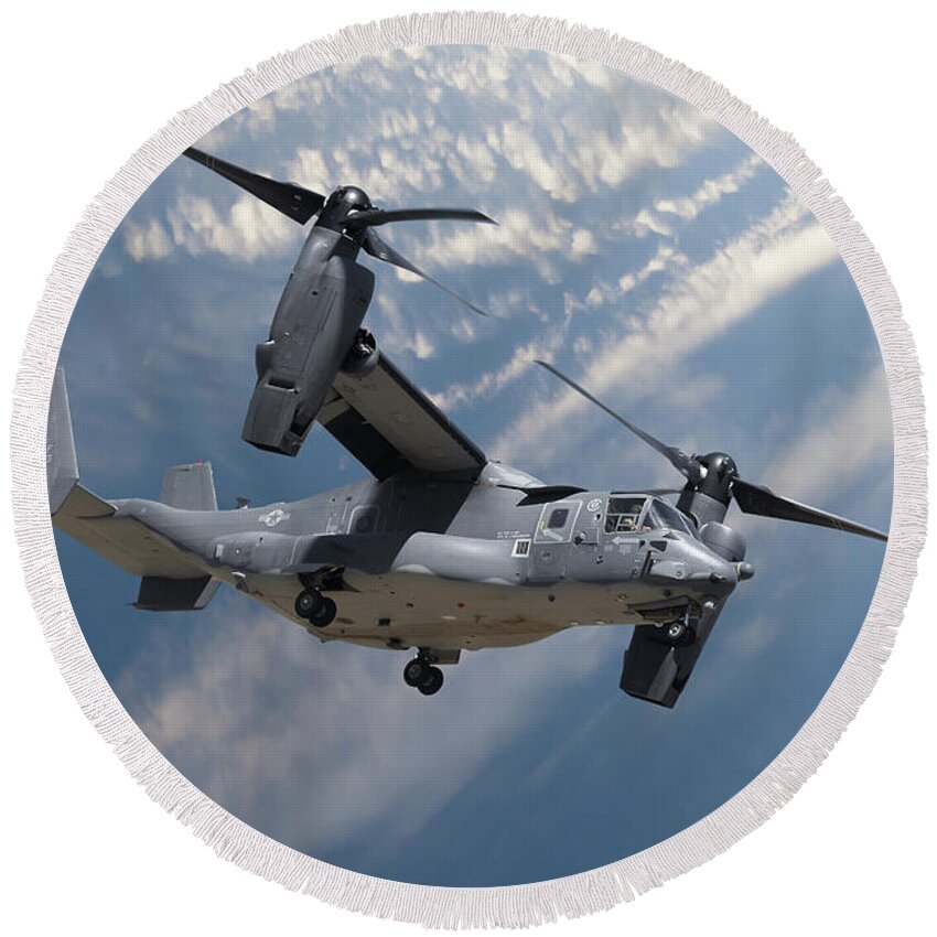 Osprey Round Beach Towel featuring the photograph Bell Boeing Osprey V-22 helicopter close up view flying by Simon Bratt