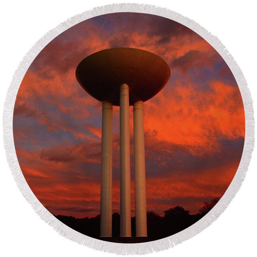 Bell Works Round Beach Towel featuring the photograph Bell Works Transistor Water Tower by Raymond Salani III