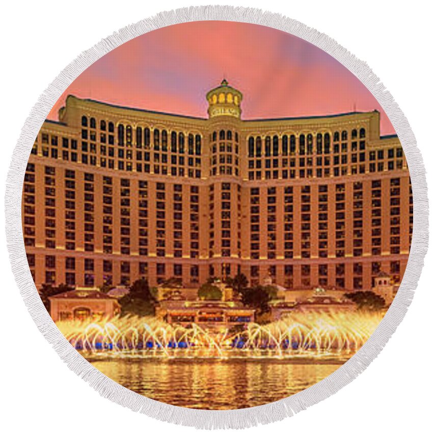 Bellagio Round Beach Towel featuring the photograph Bellagio Fountains Warm Sunset 3 to 1 Ratio by Aloha Art