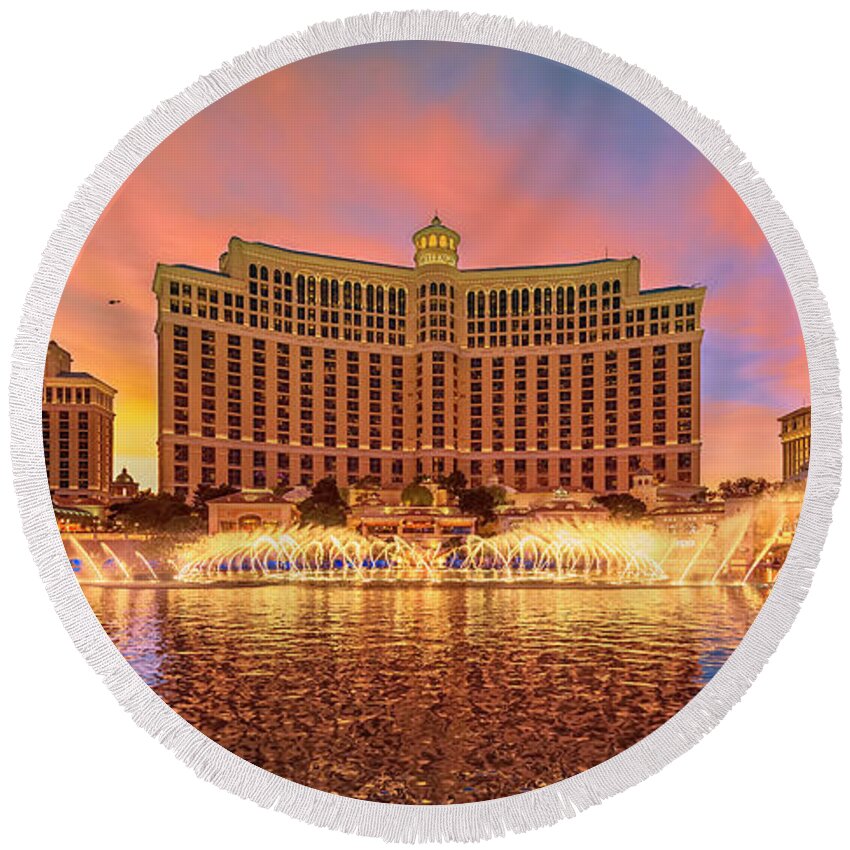 Bellagio Round Beach Towel featuring the photograph Bellagio Fountains Warm Sunset 2 to 1 Ratio by Aloha Art