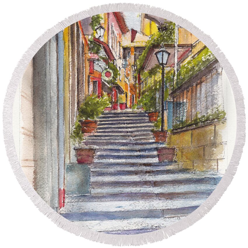 Streetscape Round Beach Towel featuring the painting Bellagio Street Aquarelle by Dai Wynn