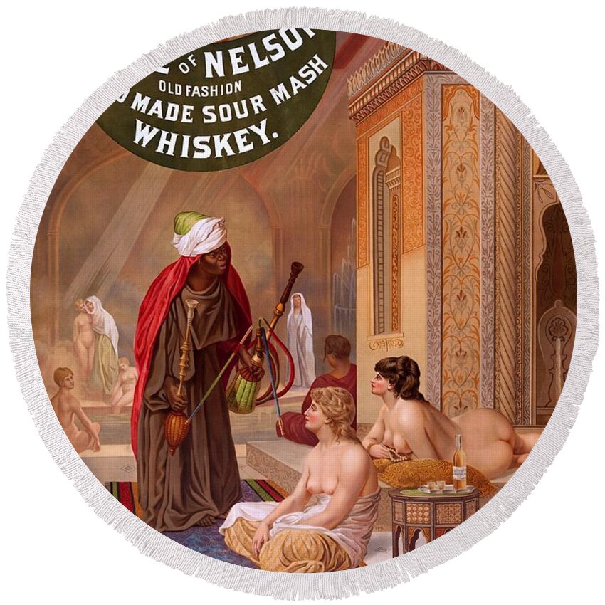 Whiskey Round Beach Towel featuring the painting Belle of Nelson old fashion home made sour mash whiskey, advertising poster, 1883 by Vincent Monozlay