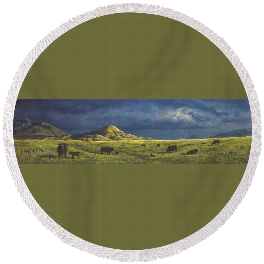 Belt Round Beach Towel featuring the painting Belt Butte Spring by Kim Lockman