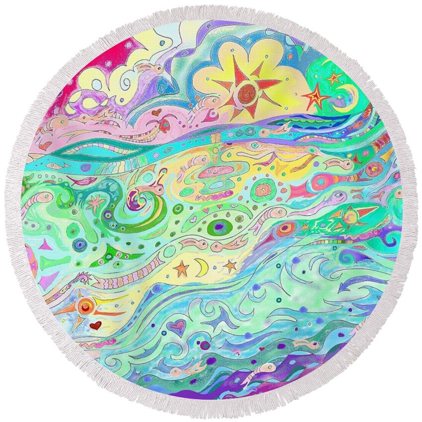 Beltaine Round Beach Towel featuring the drawing Beltaine Seashore Dreaming by Julia Woodman