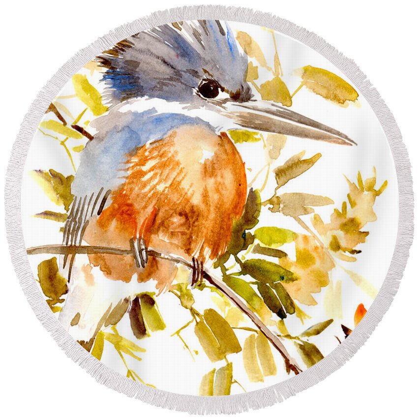 Kingfisher Round Beach Towel featuring the painting Belted Kingfisher by Suren Nersisyan