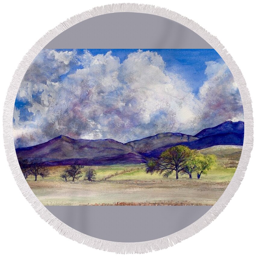 Temecula Round Beach Towel featuring the painting Ben Weir Sky by Cheryl Wallace
