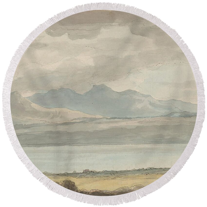 Benjamin West 1738-1820 Mountain Landscape With River And Building In Foreground Round Beach Towel featuring the painting Benjamin West by MotionAge Designs