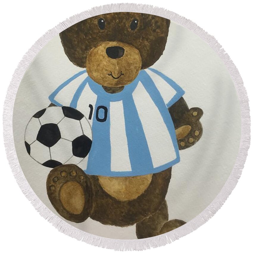 Teddy Bear Round Beach Towel featuring the painting Benny bear soccer by Tamir Barkan
