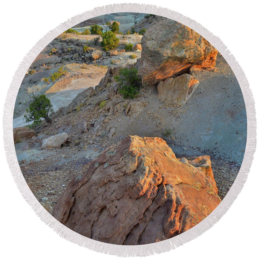 Grand Junction Round Beach Towel featuring the photograph Bentonite Quarry Overlooking Bang's Canyon by Ray Mathis