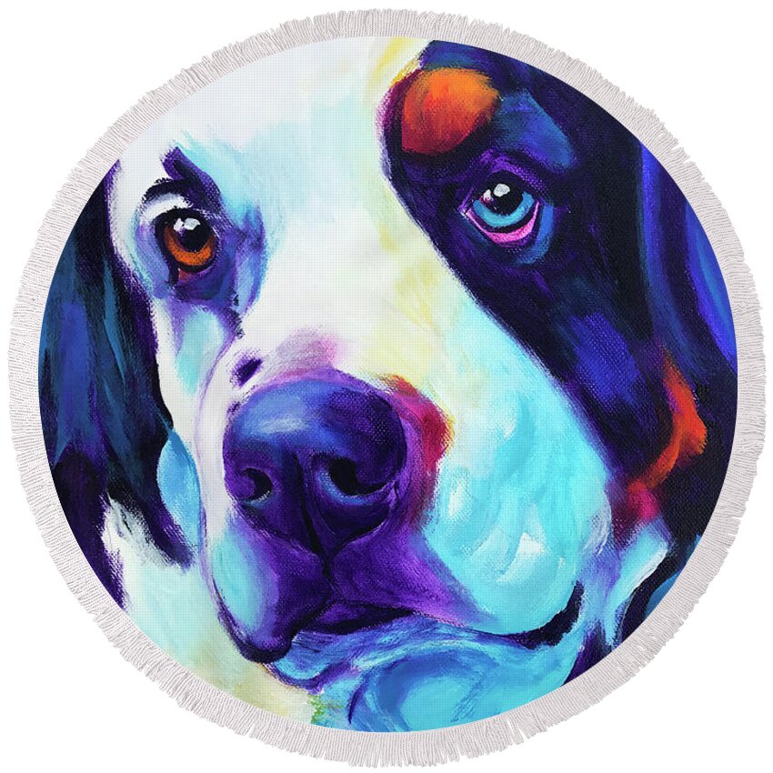 Pet Portrait Round Beach Towel featuring the painting Bernese Mountain Dog - Zeke in Blue by Dawg Painter