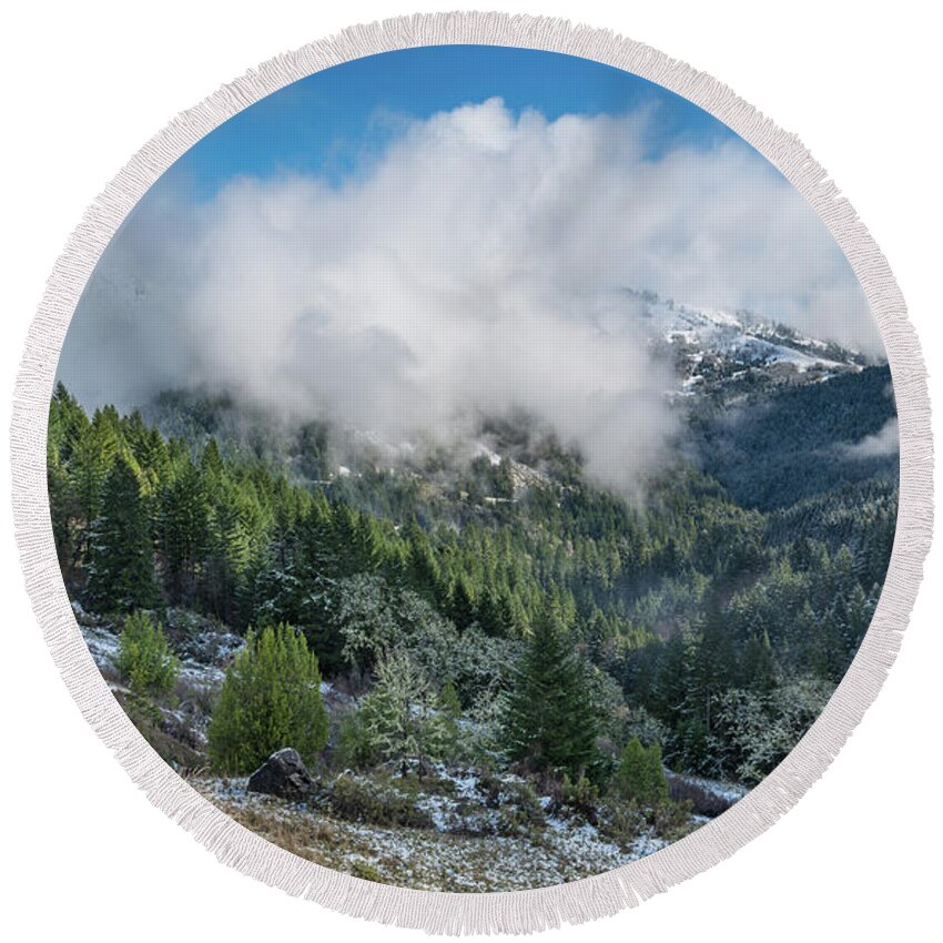 Berry Summit Round Beach Towel featuring the photograph Berry Summit Winter Panorama by Greg Nyquist