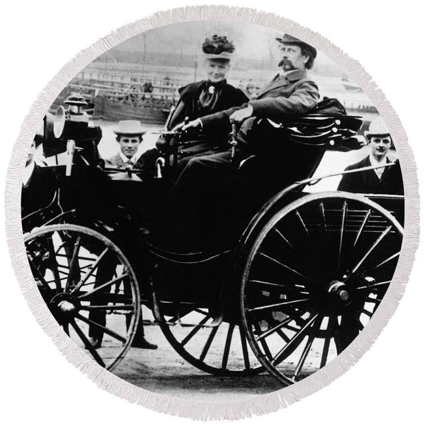Technology Round Beach Towel featuring the photograph Bertha And Karl Benz, German Auto by Science Source