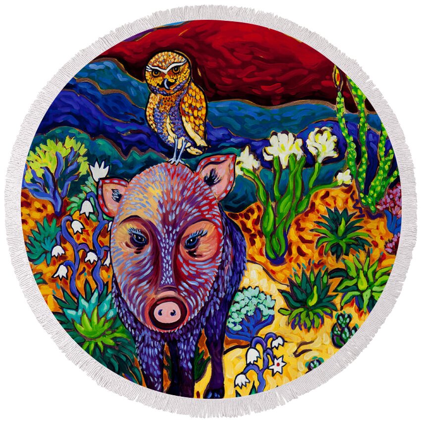 Javelina Round Beach Towel featuring the painting Best Friends Forever by Cathy Carey