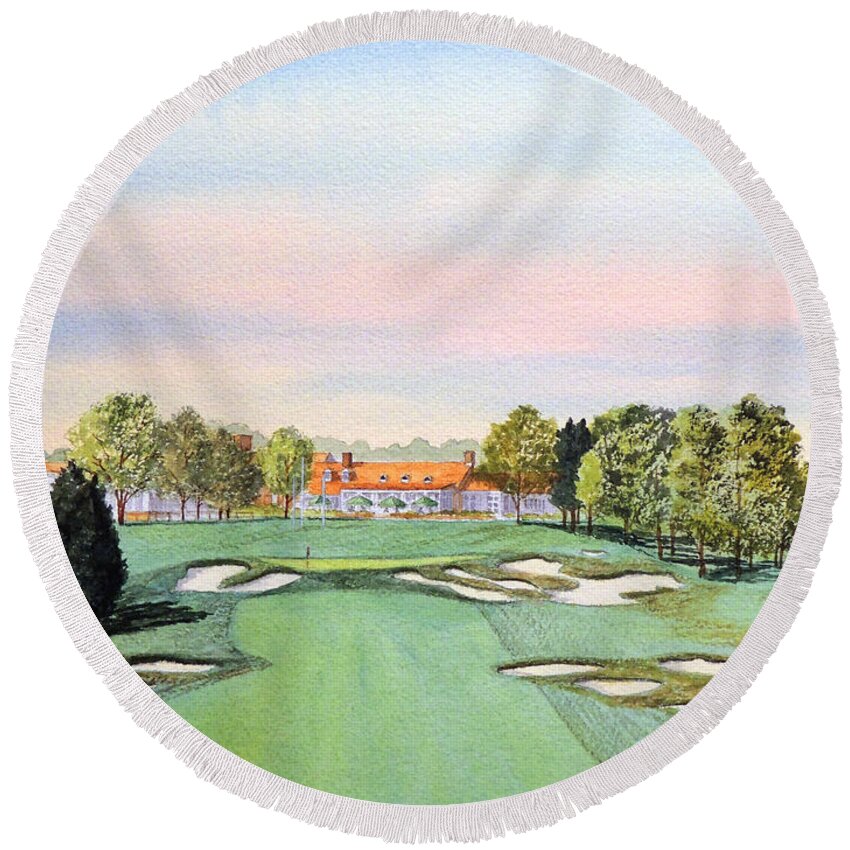 Bethpage State Park Golf Course Round Beach Towel featuring the painting Bethpage State Park Golf Course 18th Hole by Bill Holkham